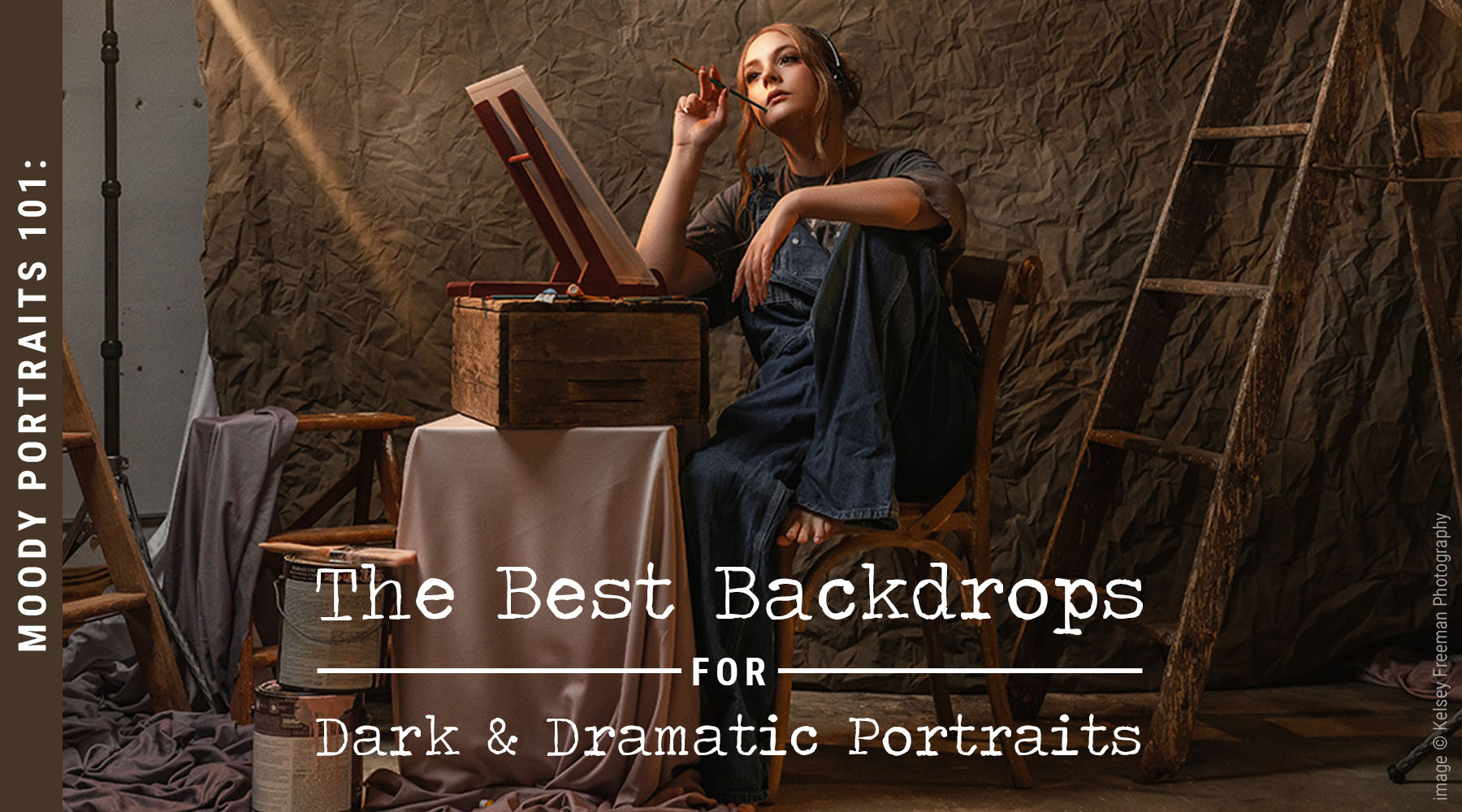 The Best Backdrops for Dark & Dramatic Portraits - Woman posing with props in a studio setting, promoting dramatic backdrops.