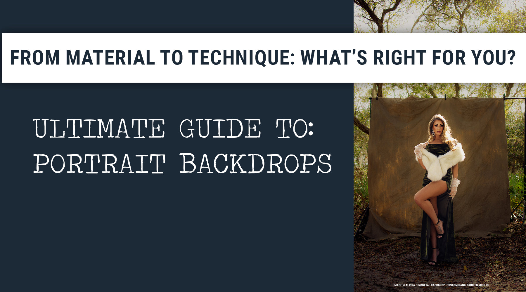 Promotional graphic for a guide to portrait backdrops with text overlay and a model posing against a backdrop.